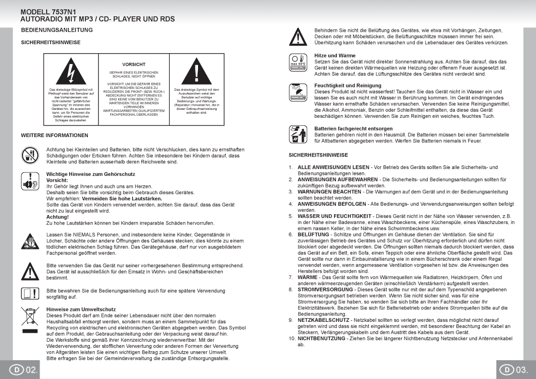 Elta manual Modell 7537N1 Autoradio MIT MP3 / CD- Player UND RDS, Bedienungsanleitung, Sicherheitshinweise 