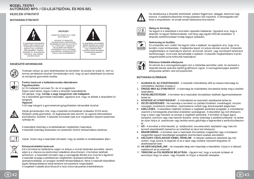 Elta 7537N1 Autórádió MP3- / CD-LEJÁTSZÓVAL ÉS RDS-SEL, Kezelési Útmutató, Biztonsági Útmutató, Kiegészítő Információk 