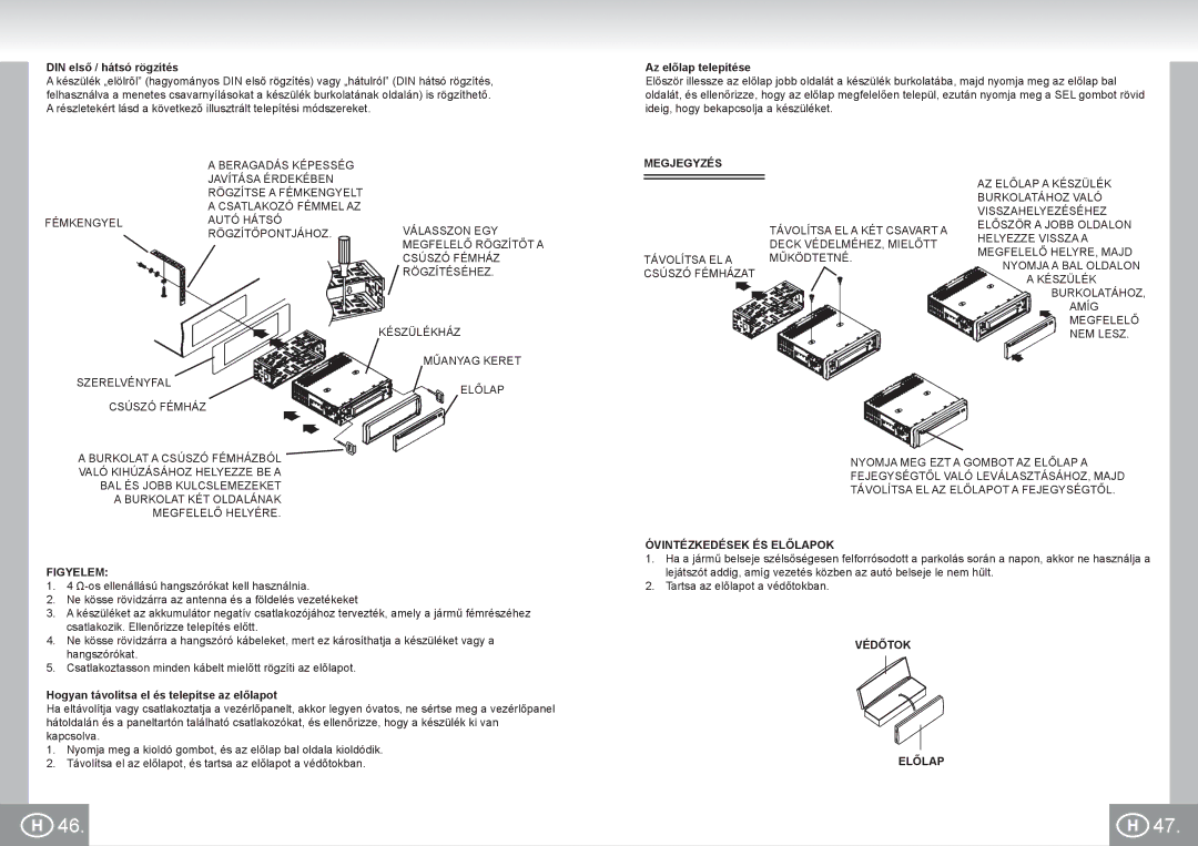 Elta 7537N1 manual Megjegyzés, Óvintézkedések ÉS Előlapok Figyelem, Védőtok Előlap 