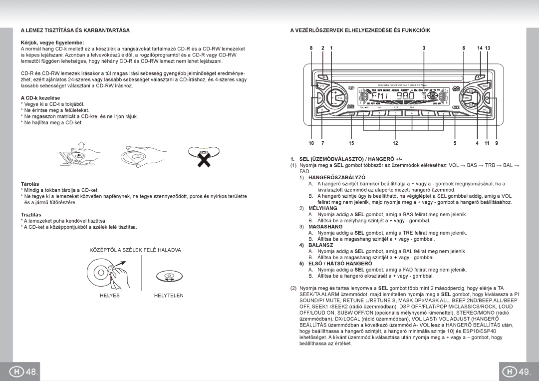 Elta 7537N1 manual Lemez Tisztítása ÉS Karbantartása, Hangerőszabályzó, Mélyhang, Magashang, Balansz, Első / Hátsó Hangerő 