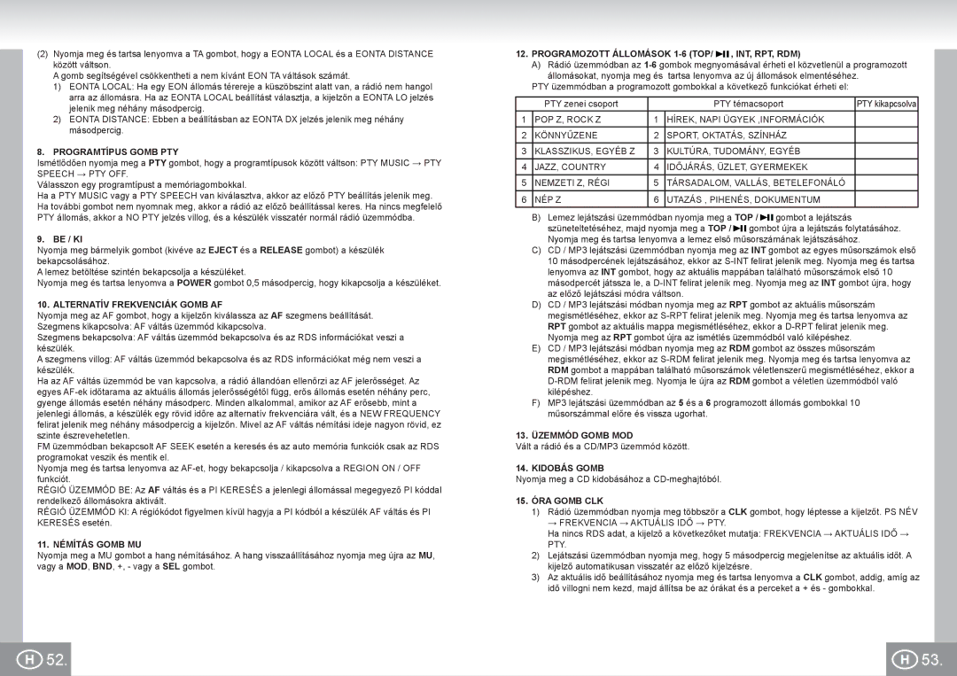 Elta 7537N1 Programtípus Gomb PTY, Alternatív Frekvenciák Gomb AF, 11. Némítás Gomb MU, 13. Üzemmód Gomb MOD, Kidobás Gomb 