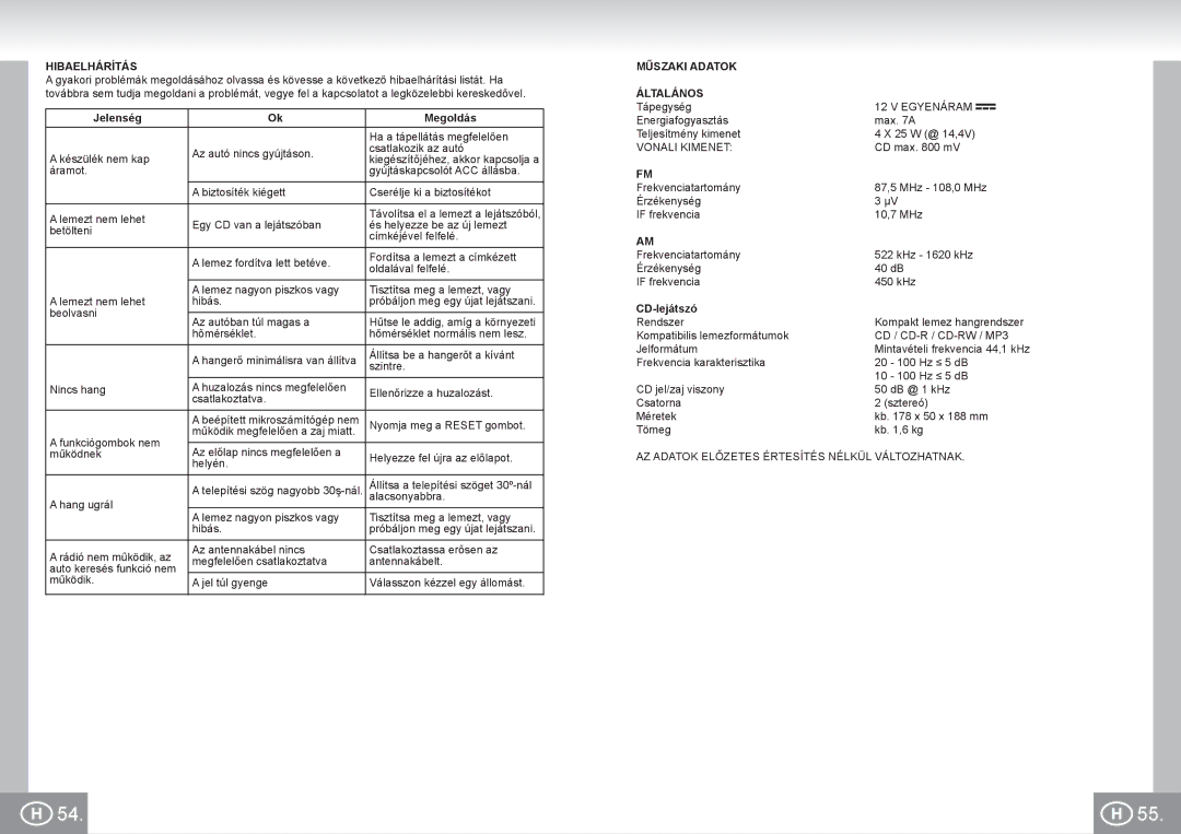Elta 7537N1 manual Hibaelhárítás, Jelenség Megoldás, Műszaki Adatok Általános, CD-lejátszó 