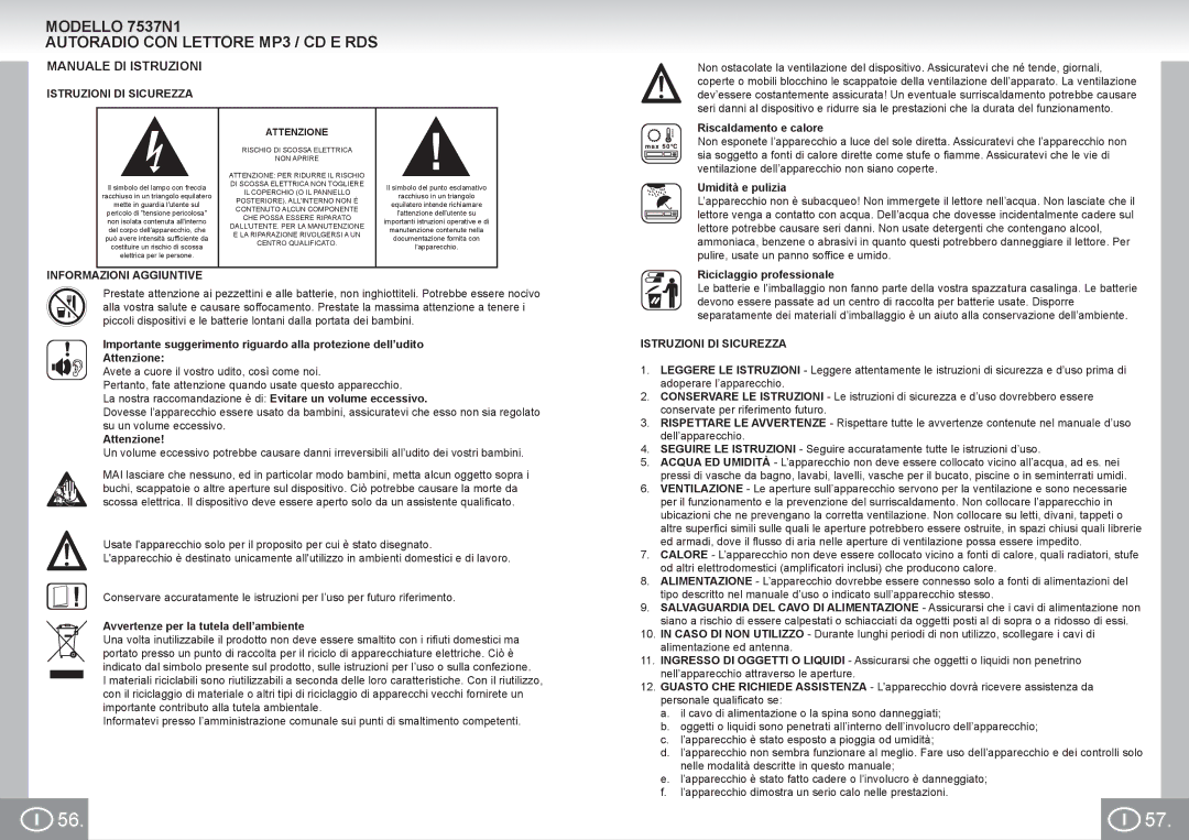 Elta manual Modello 7537N1 Autoradio CON Lettore MP3 / CD E RDS, Manuale DI Istruzioni, Istruzioni DI Sicurezza 