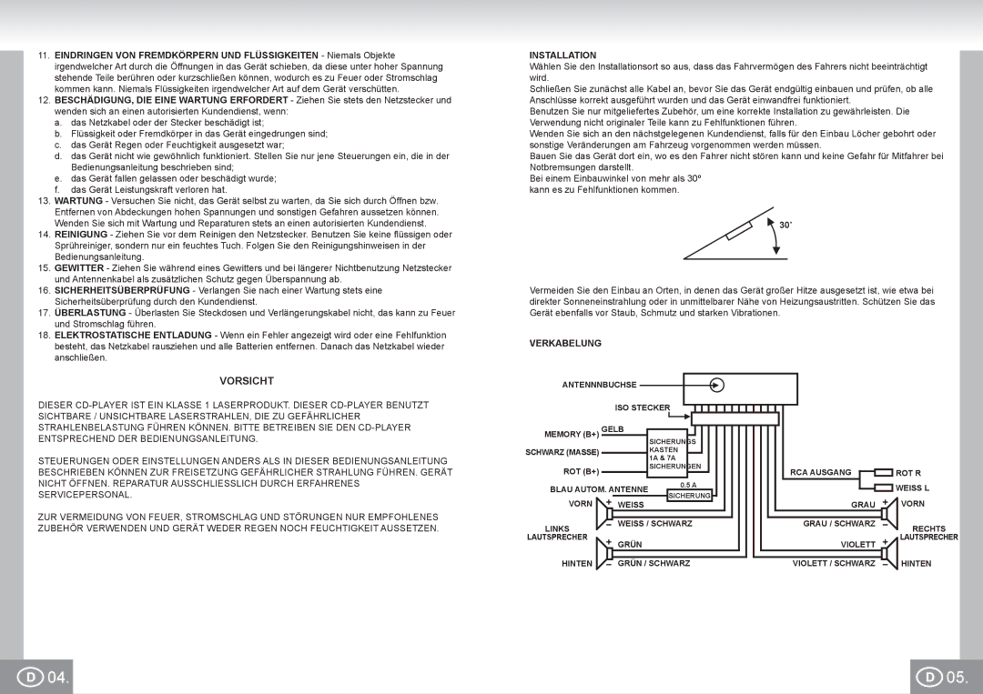 Elta 7537N1 manual Vorsicht, Installation, Verkabelung 