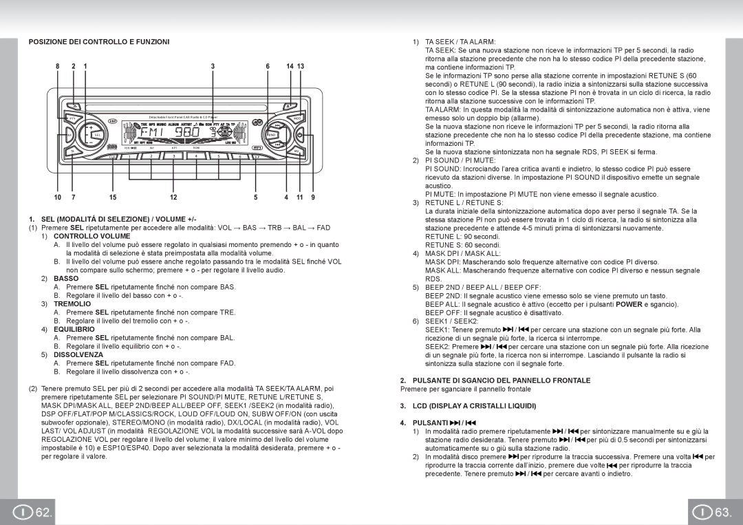 Elta 7537N1 manual Controllo Volume, Basso, Tremolio, Equilibrio, Dissolvenza, Pulsante DI Sgancio DEL Pannello Frontale 