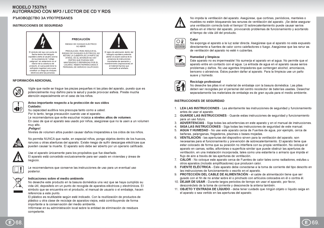 Elta Modelo 7537N1 Autorradio CON MP3 / Lector DE CD Y RDS, Ръководство ЗА Употребаnes, Instrucciones DE Seguridad 