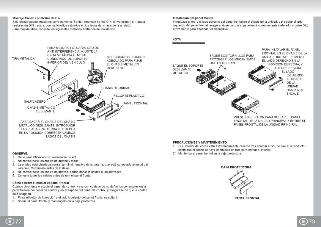 Elta 7537N1 manual Montaje frontal / posterior de DIN, Instalación del panel frontal, Precauciones Y Mantenimiento Observe 