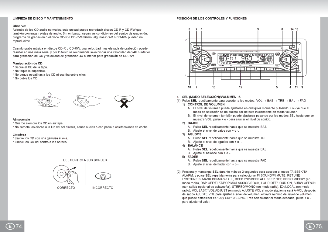 Elta 7537N1 manual Limpieza DE Disco Y Mantenimiento, Control DE Volumen, Bajos, Agudos 