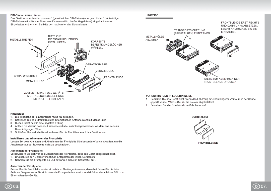 Elta 7537N1 manual Hinweise, VORSICHTS- UND Pflegehinweise, Schutzetui Frontblende 