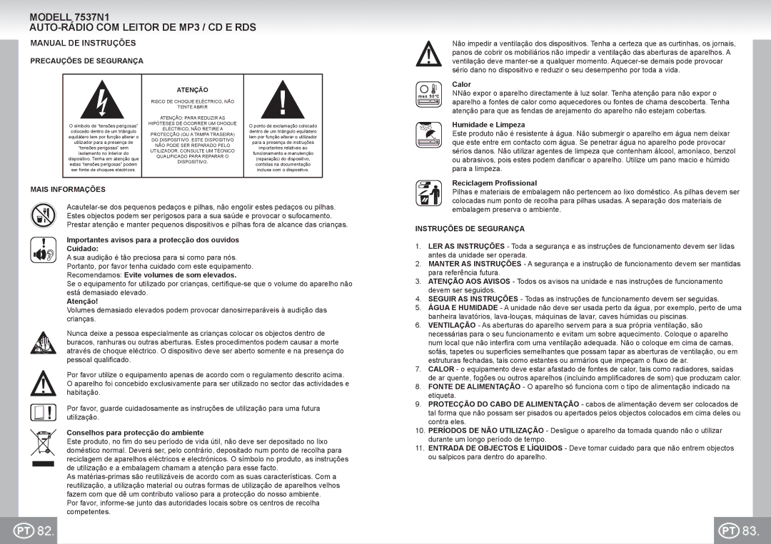 Elta manual Modell 7537N1 AUTO-RÁDIO COM Leitor DE MP3 / CD E RDS, Manual DE Instruções, Precauções DE Segurança 