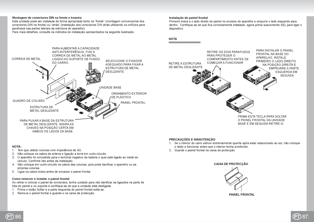 Elta 7537N1 manual Montagem de conectores DIN na frente e traseira, Instalação do painel frontal, Precauçôes E Manutenção 