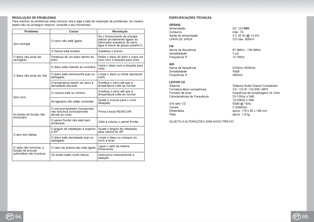 Elta 7537N1 manual Resoluçâo DE Problemas, Problema Causa Resolução, Especificações Técnicas Gerais, Leitor CD 