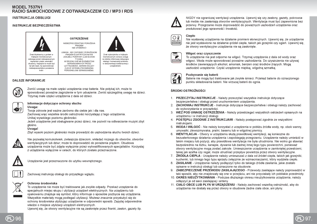 Elta 7537N1 manual Radio Samochodowe Z Odtwarzaczem CD / MP3 I RDS, Instrukcja Obsługi, Instrukcje Bezpieczeństwa 