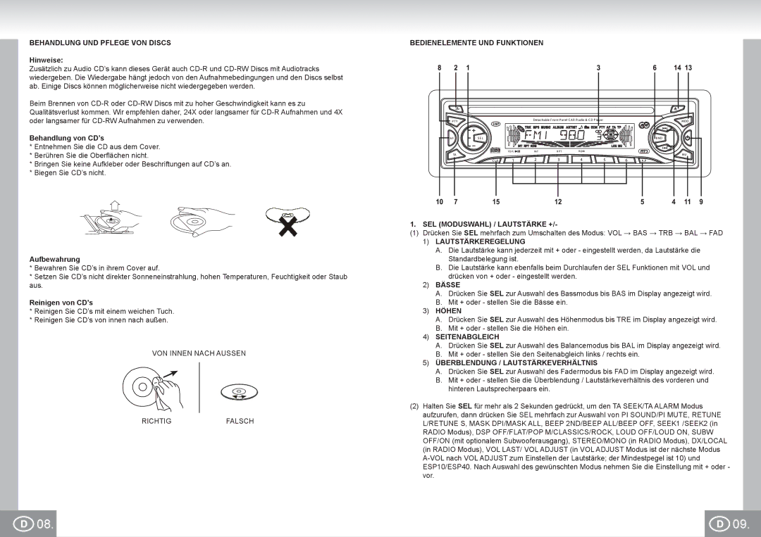 Elta 7537N1 Behandlung UND Pflege VON Discs, Bedienelemente UND Funktionen SEL Moduswahl / Lautstärke +, Bässe, Höhen 