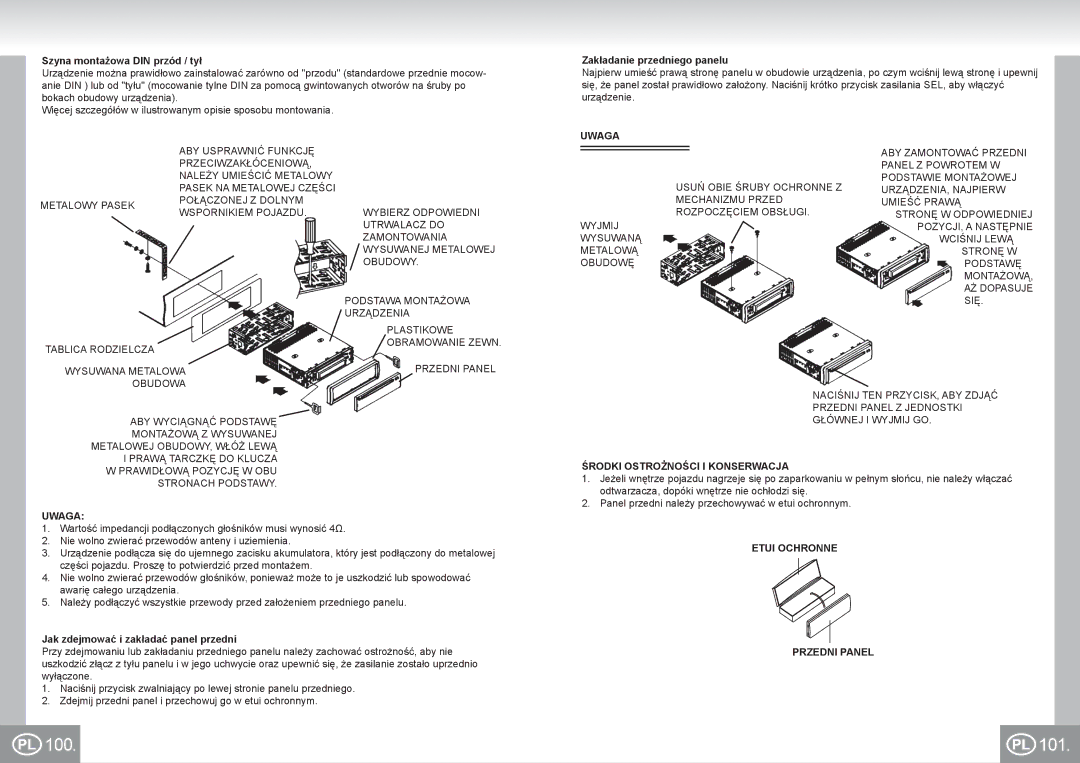 Elta 7537N1 manual 100 101, Uwaga, Środki Ostrożności I Konserwacja, Etui Ochronne Przedni Panel 