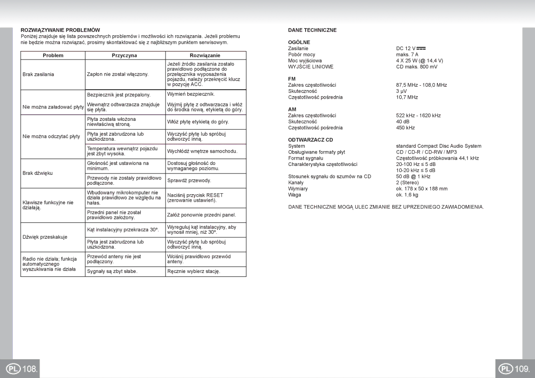 Elta 7537N1 manual 108 109, Rozwiązywanie Problemów, Problem Przyczyna Rozwiązanie, Dane Techniczne Ogólne, Wyjście Liniowe 