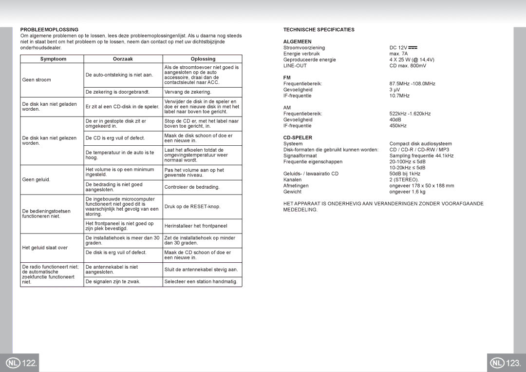 Elta 7537N1 manual 122 123, Probleemoplossing, Symptoom Oorzaak Oplossing, Technische Specificaties Algemeen, Cd-Speler 