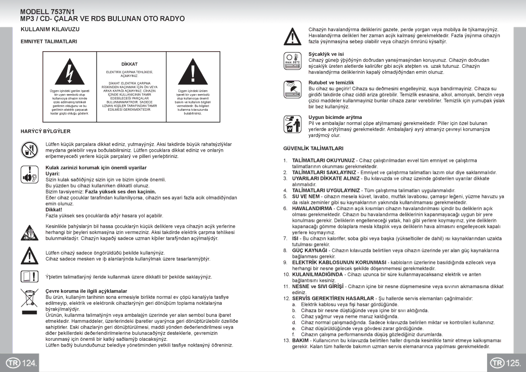 Elta manual 124 125, Modell 7537N1 MP3 / CD- Çalar VE RDS Bulunan OTO Radyo, Kullanim Kilavuzu 