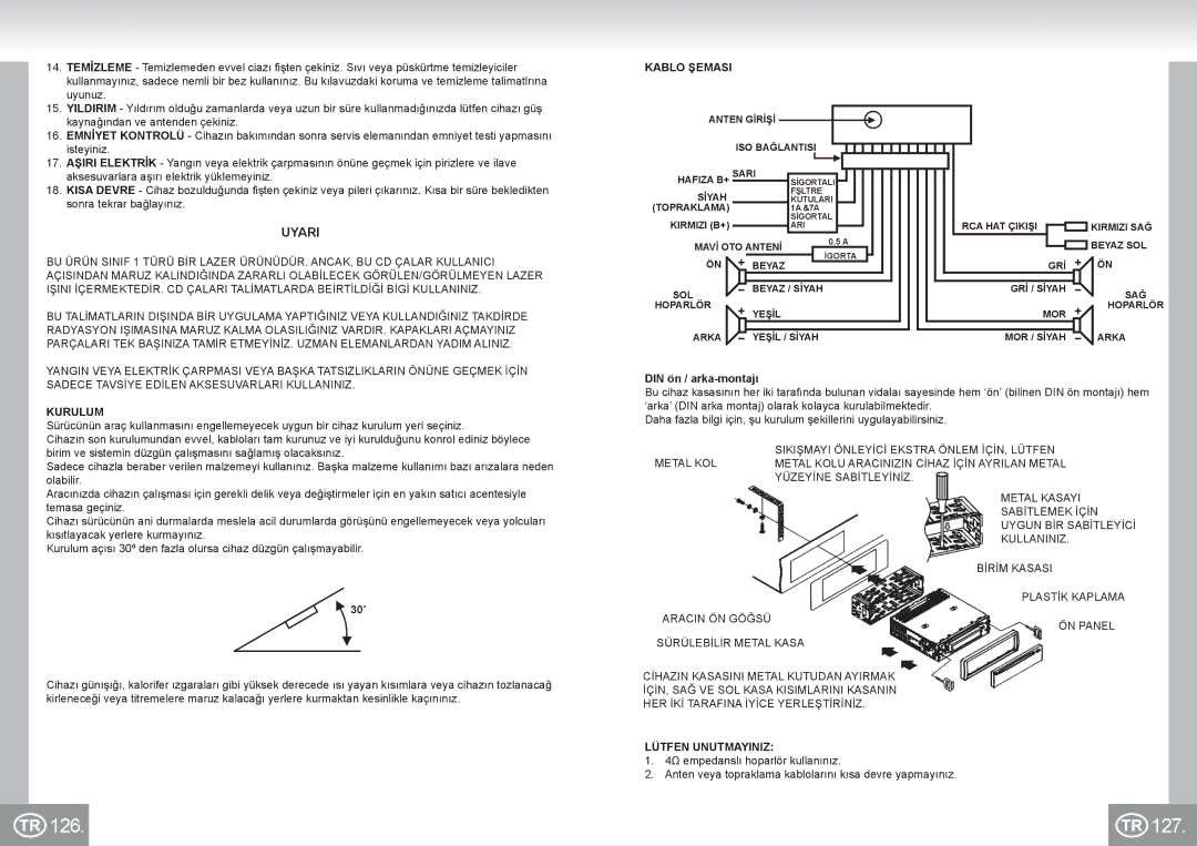 Elta 7537N1 manual 126 127, Uyari, Kablo Şemasi, Kurulum, Lütfen Unutmayiniz 