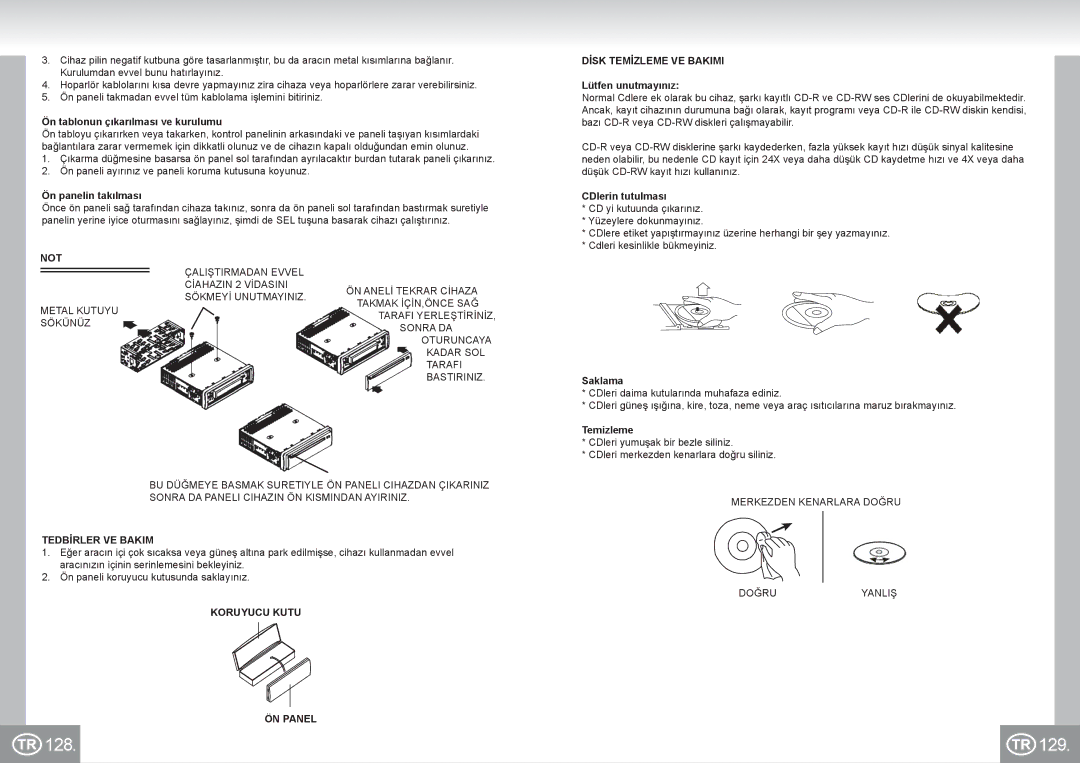 Elta 7537N1 manual 128 129, Not, Tedbİrler VE Bakim, Koruyucu Kutu ÖN Panel Dİsk Temİzleme VE Bakimi 