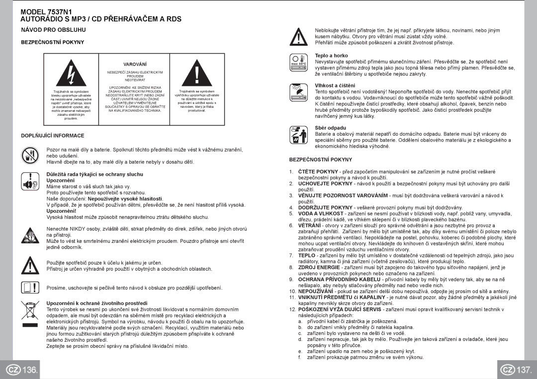 Elta 7537N1 136 137, Autorádio S MP3 / CD Přehrávačem a RDS, Návod PRO Obsluhu, Bezpečnostní Pokyny, Doplňující Informace 