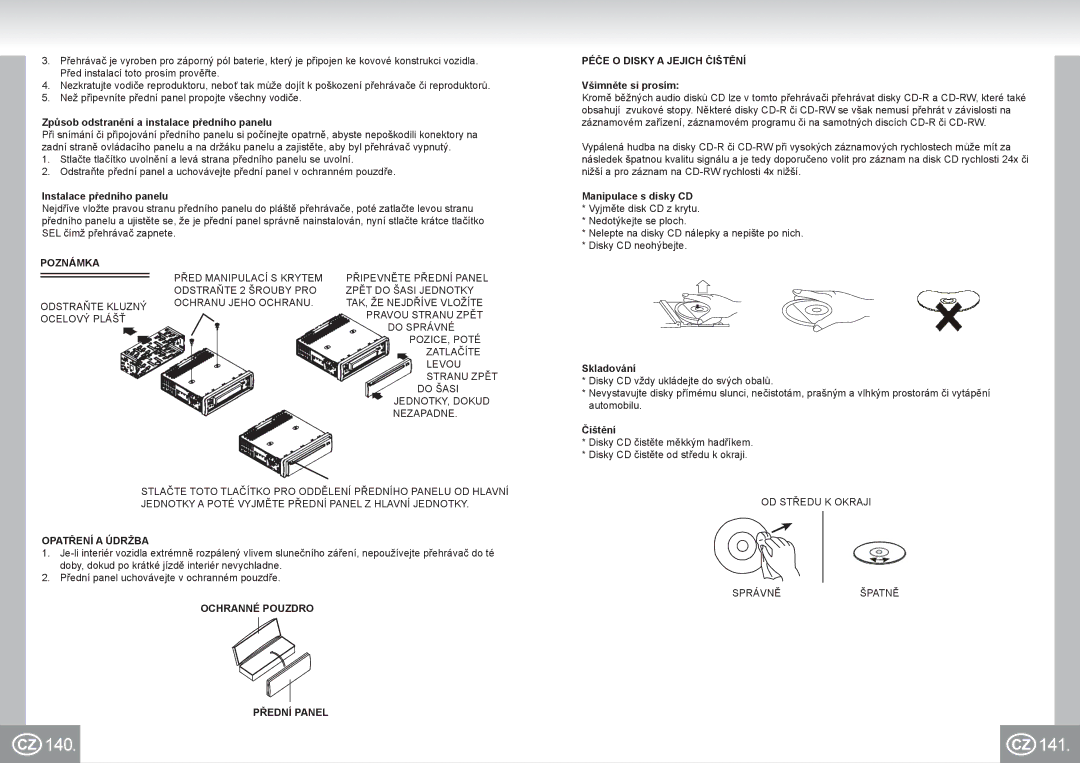 Elta 7537N1 manual 140 141, Péče O Disky a Jejich Čištění, Poznámka, Opatření a Údržba, Ochranné Pouzdro Přední Panel 