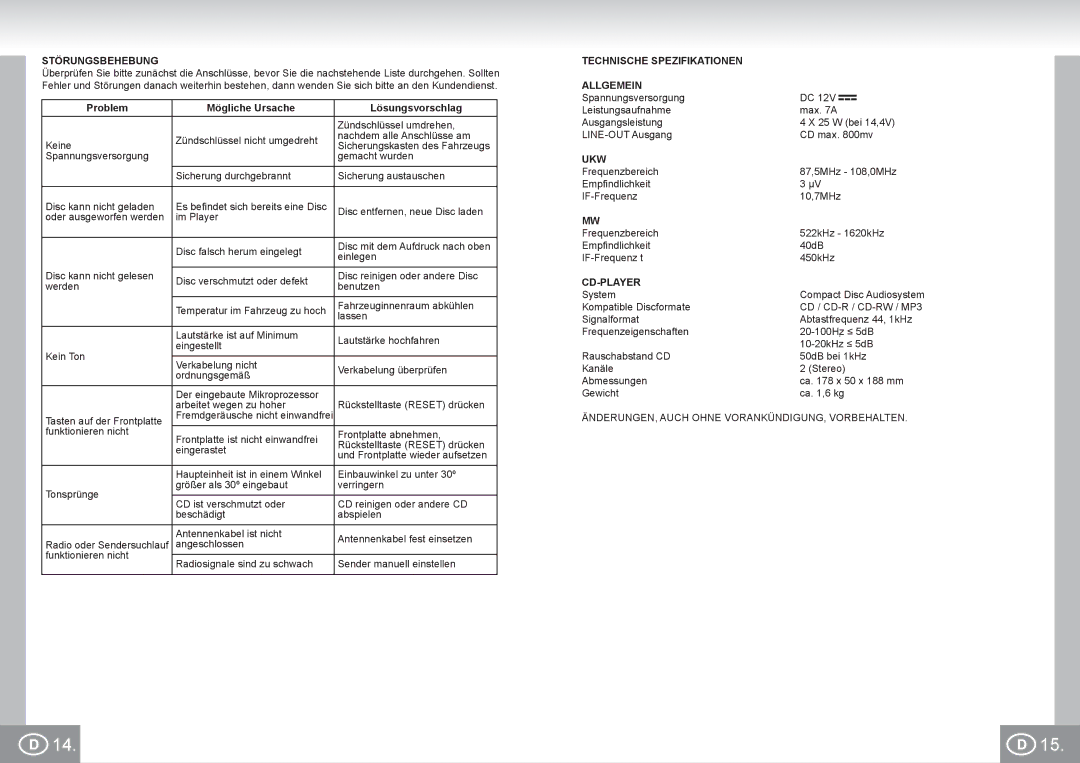 Elta 7537N1 manual Störungsbehebung, Problem Mögliche Ursache Lösungsvorschlag, Technische Spezifikationen Allgemein, Ukw 