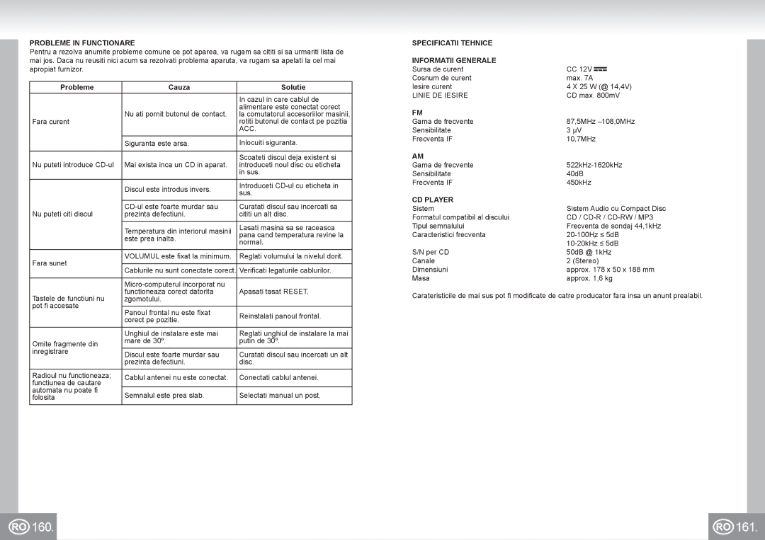 Elta 7537N1 manual 160 161, Probleme in Functionare, Probleme Cauza Solutie, Specificatii Tehnice Informatii Generale 