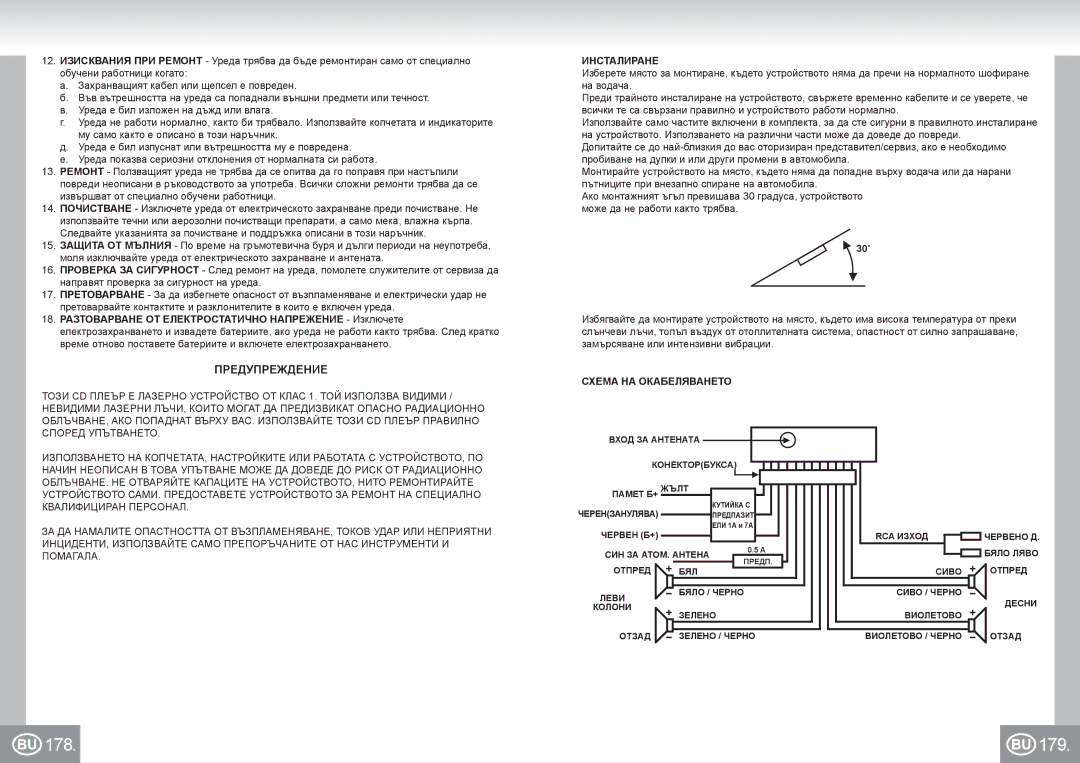 Elta 7537N1 manual 178 179, Предупреждение, Инсталиране, Схема НА Окабеляването 