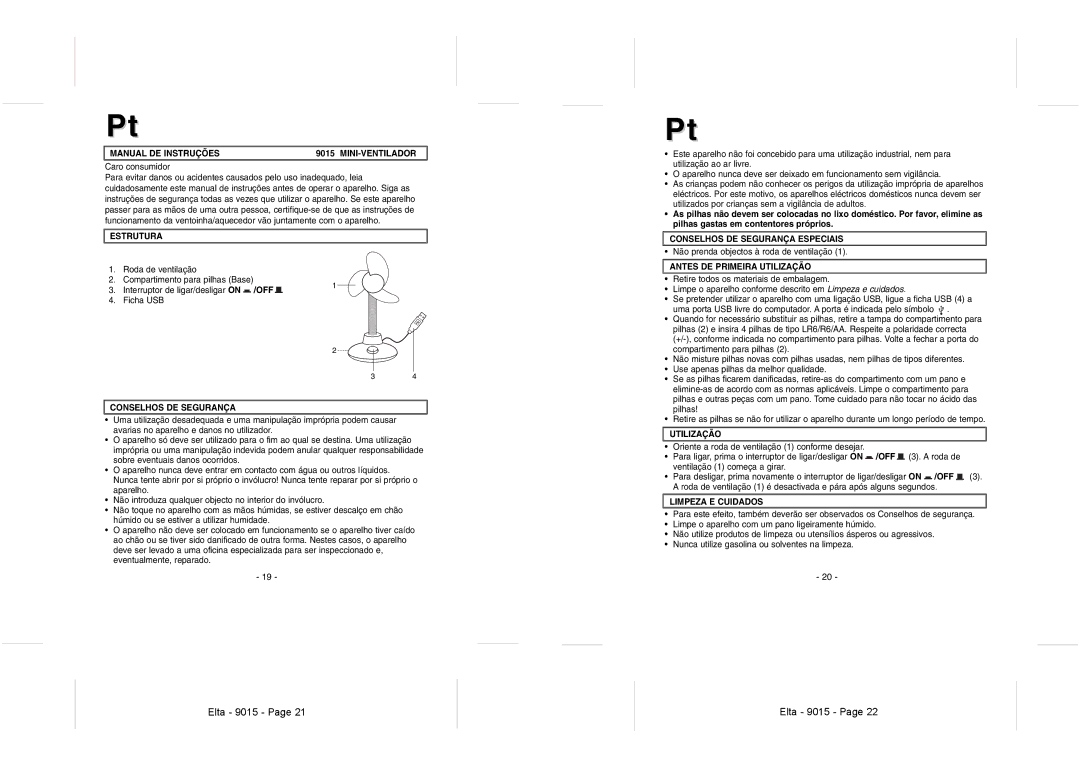 Elta 9015 Manual DE Instruções MINI-VENTILADOR, Estrutura, Conselhos DE Segurança Especiais, Utilização 