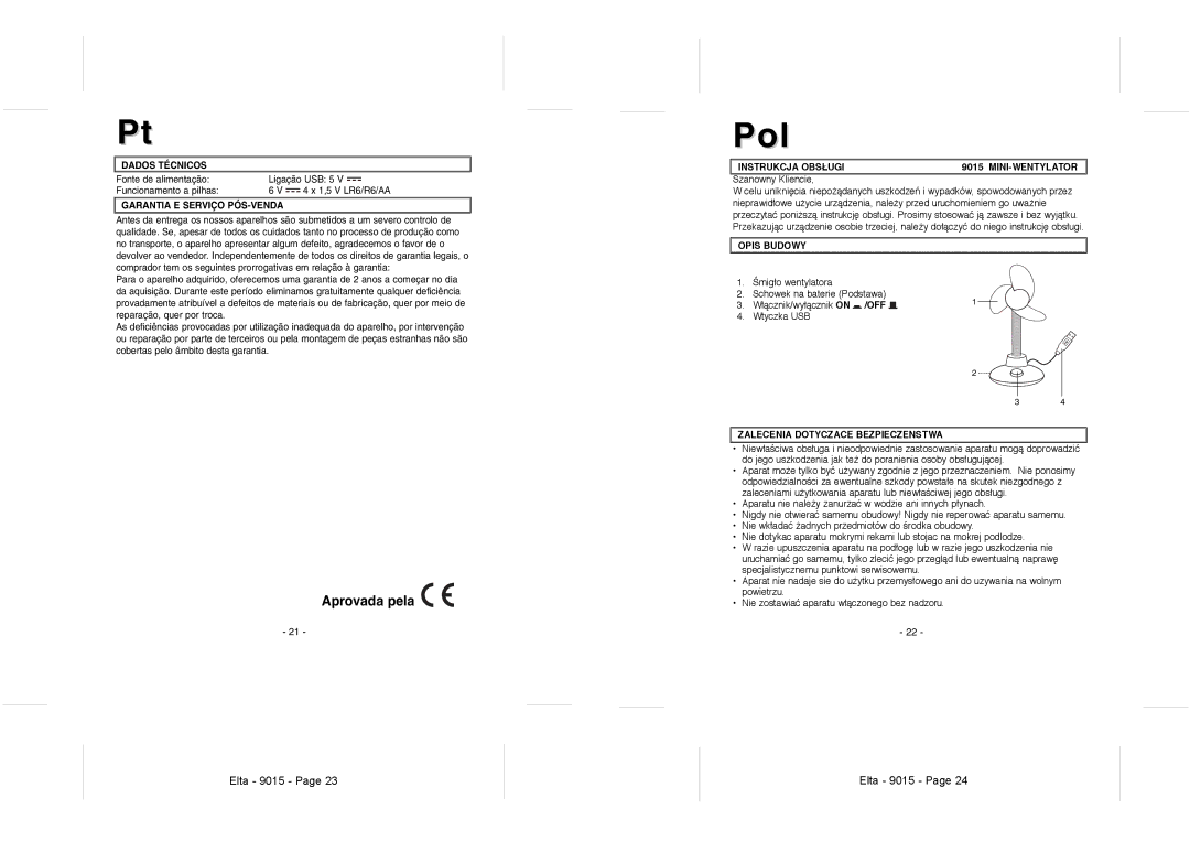 Elta 9015 Aprovada pela, Instrukcja Obsługi MINI-WENTYLATOR, Opis Budowy, Zalecenia Dotyczace Bezpieczenstwa 