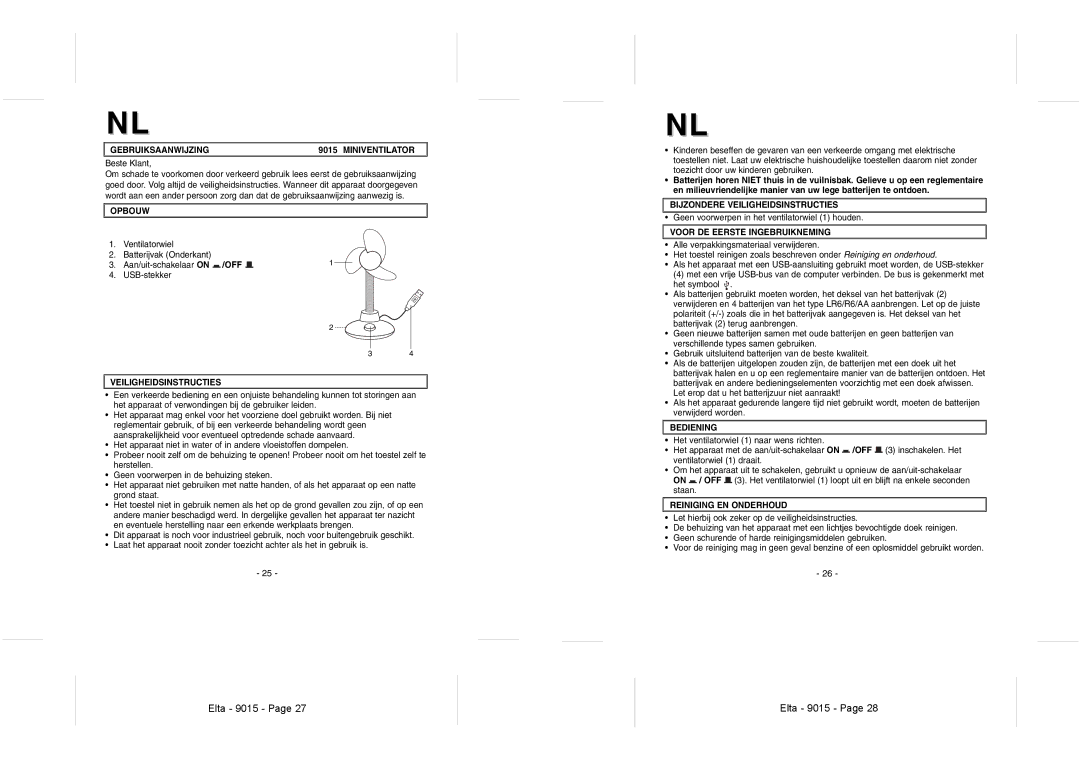 Elta 9015 Gebruiksaanwijzing Miniventilator, Opbouw, Bijzondere Veiligheidsinstructies, Voor DE Eerste Ingebruikneming 