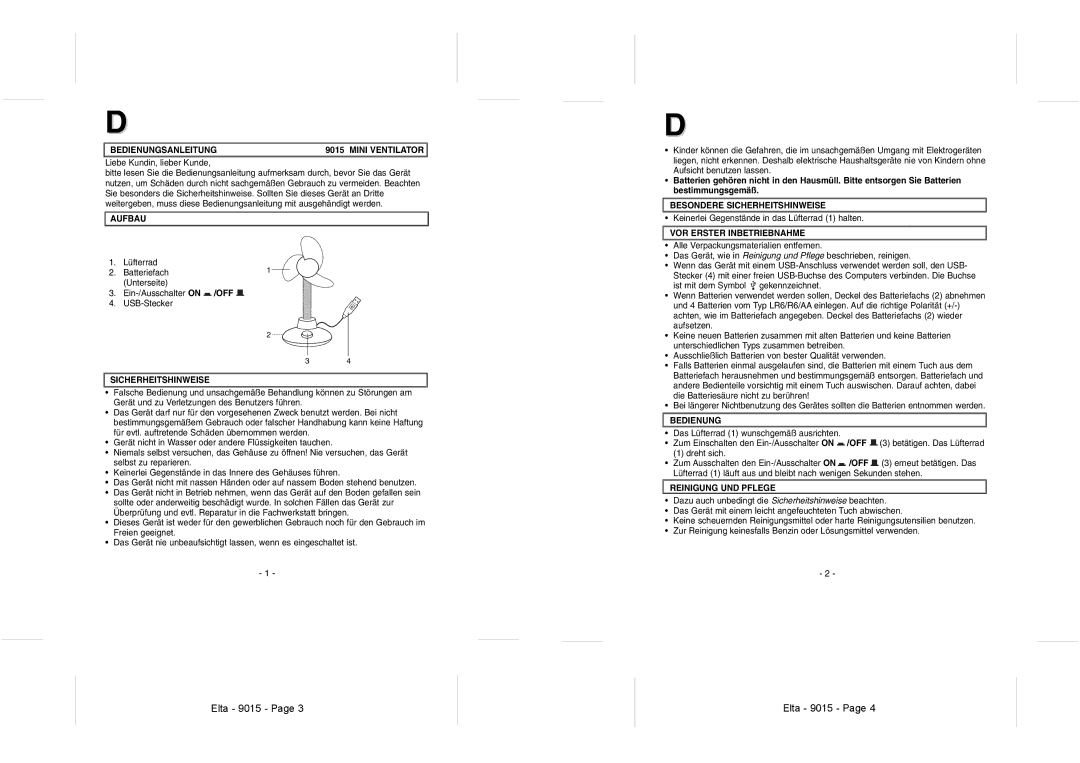 Elta 9015 Bedienungsanleitung Mini Ventilator, Aufbau, Besondere Sicherheitshinweise, VOR Erster Inbetriebnahme 