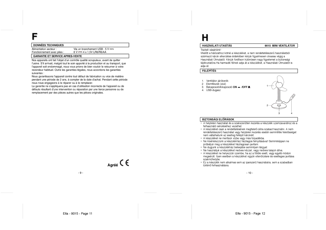 Elta 9015 instruction manual Agréé, Használati Utasítás Mini Ventilátor, Felépítés, Off, Biztonsági Elãírások 