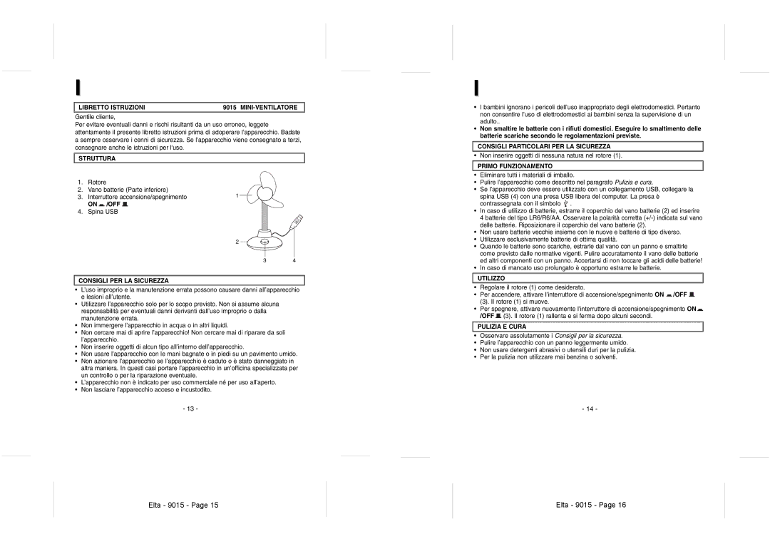Elta 9015 Libretto Istruzioni MINI-VENTILATORE, Struttura, Consigli PER LA Sicurezza, Primo Funzionamento, Utilizzo 