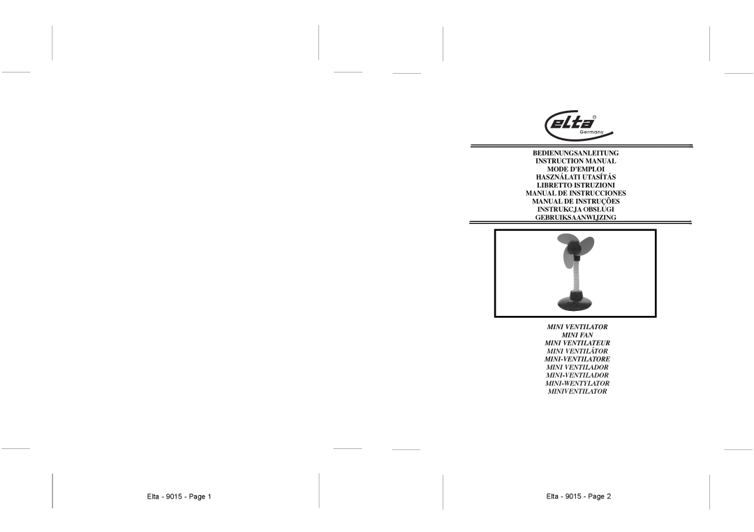 Elta instruction manual Elta - 9015 - Page, Mini Ventilator Mini Fan Mini Ventilateur, Mini Ventilátor, Miniventilator 