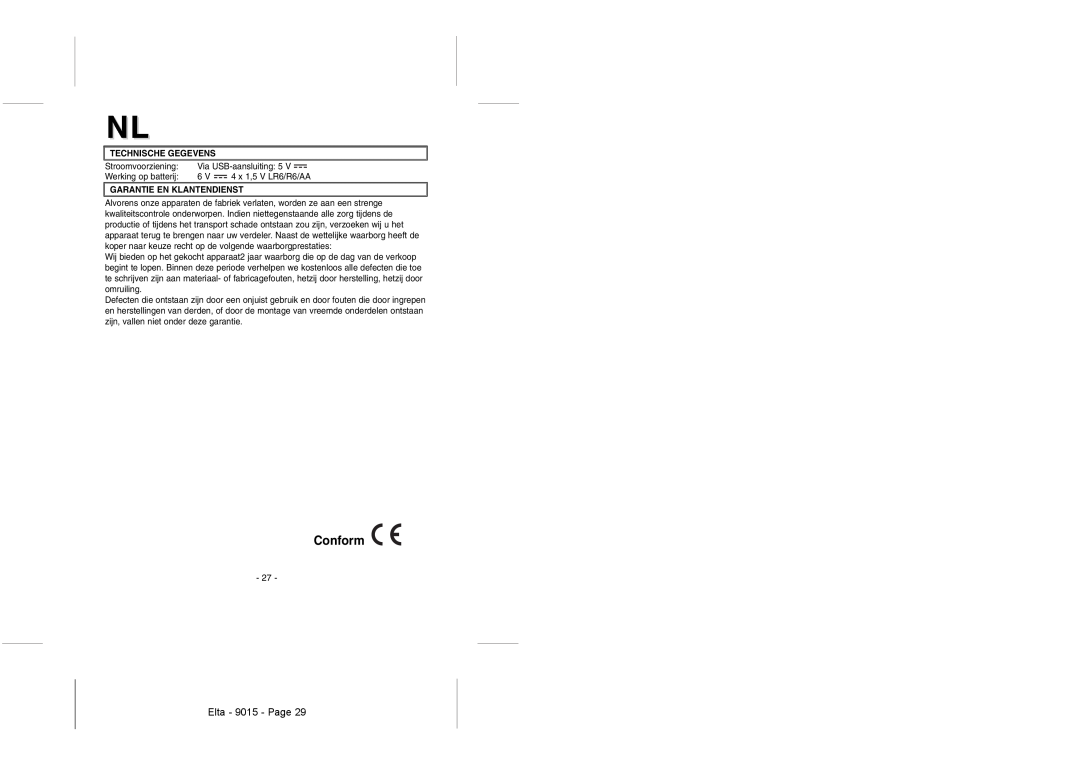 Elta instruction manual Conform, Technische Gegevens, Garantie En Klantendienst, Elta - 9015 - Page 