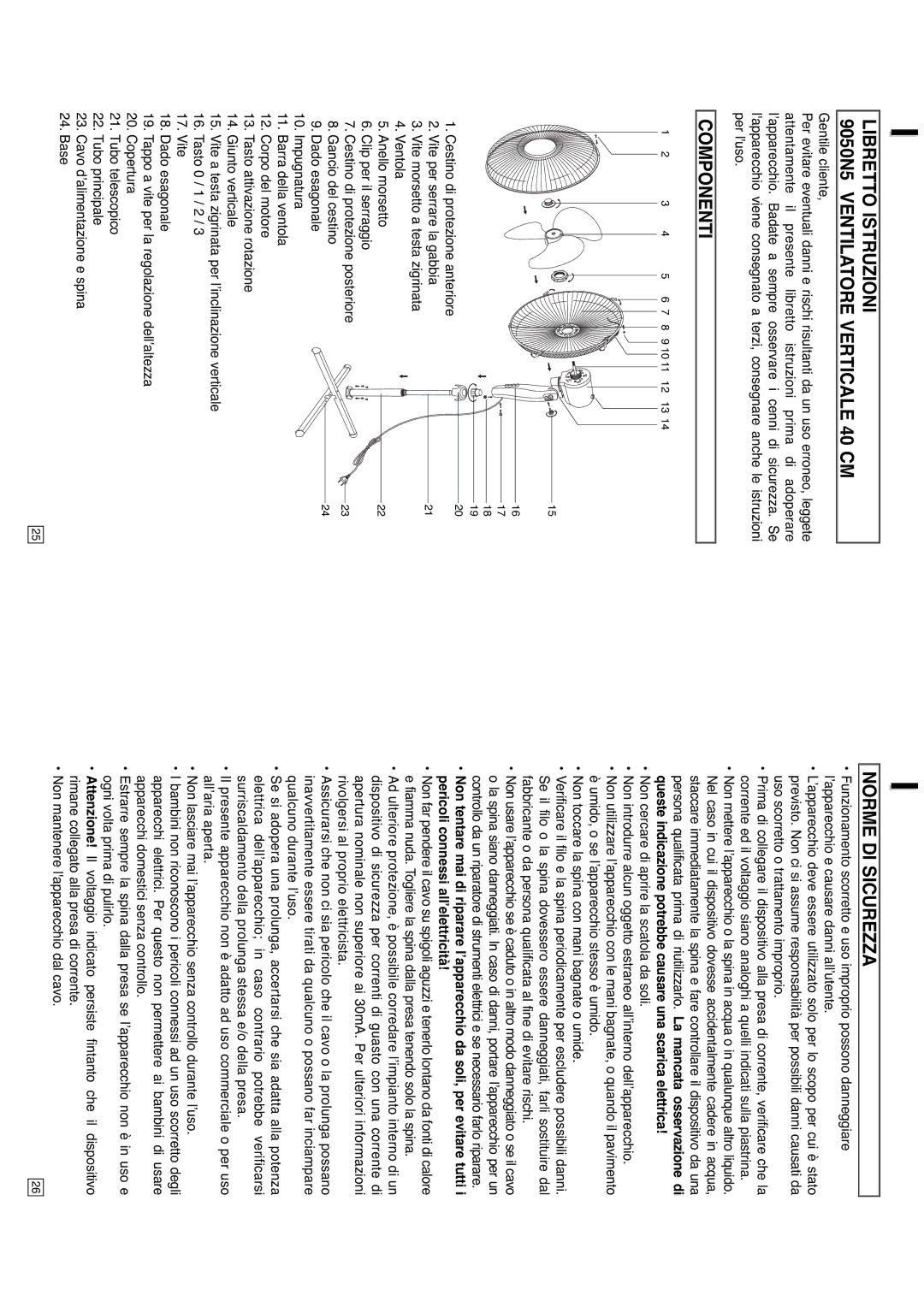 Elta instruction manual Libretto Istruzioni 9050N5 Ventilatore Verticale 40 CM, Componenti, Norme DI Sicurezza 