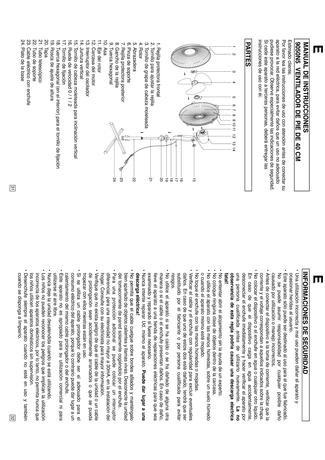 Elta instruction manual Manual DE Instrucciones 9050N5 Ventilador DE PIE DE 40 CM, Partes, Informaciones DE Seguridad 