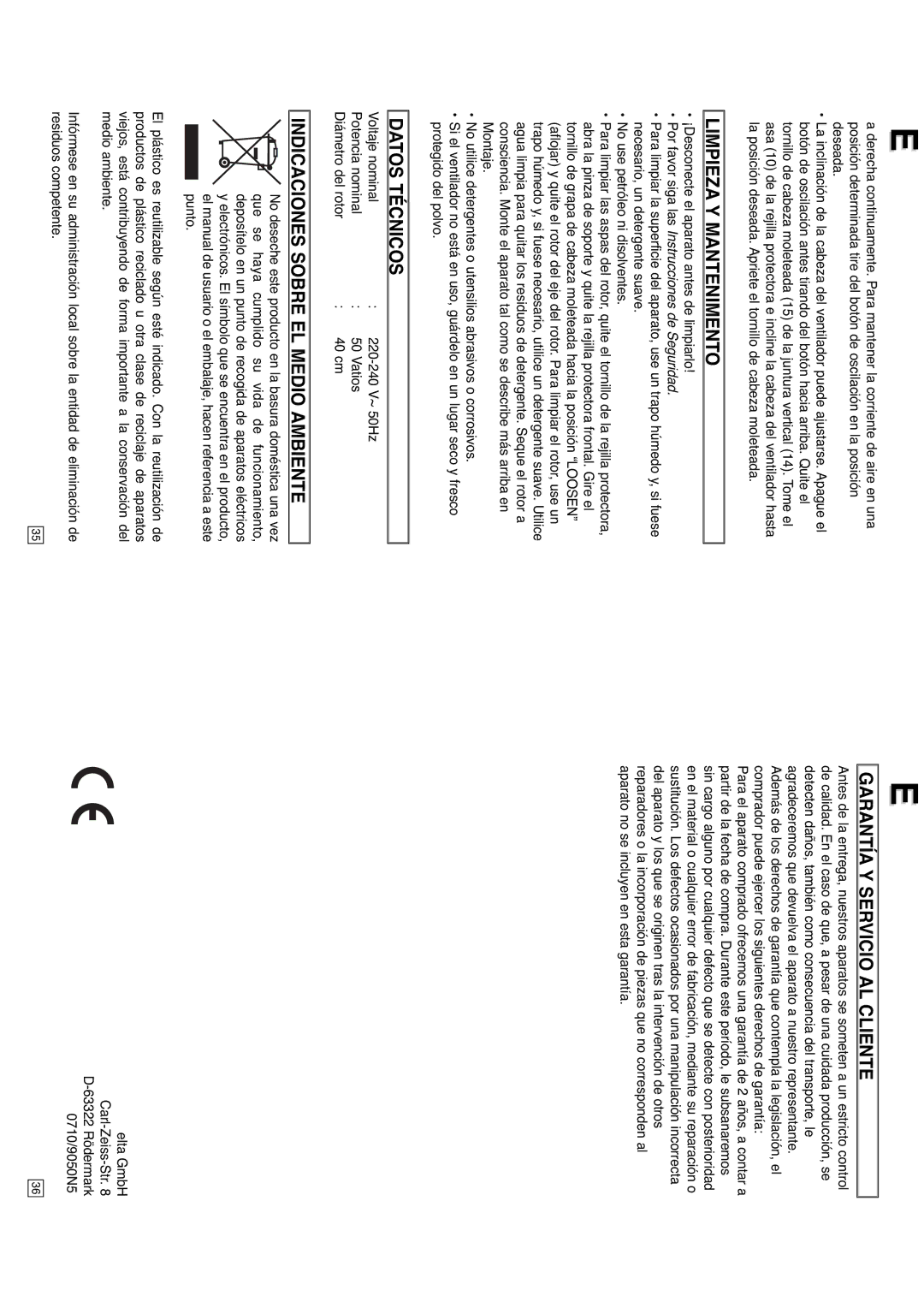 Elta 9050N5 Limpieza Y Mantenimento, Datos Técnicos, Indicaciones Sobre EL Medio Ambiente, Garantía Y Servicio AL Cliente 