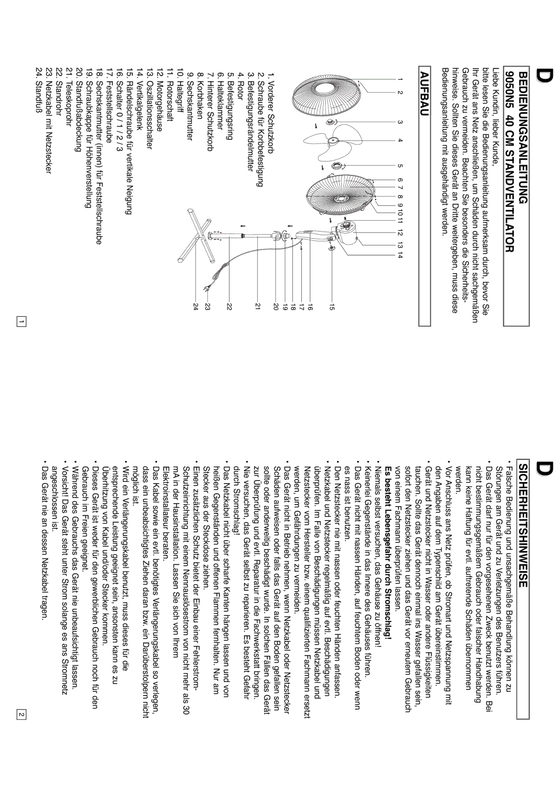 Elta instruction manual Bedienungsanleitung 9050N5 40 CM Standventilator, Aufbau, Sicherheitshinweise 