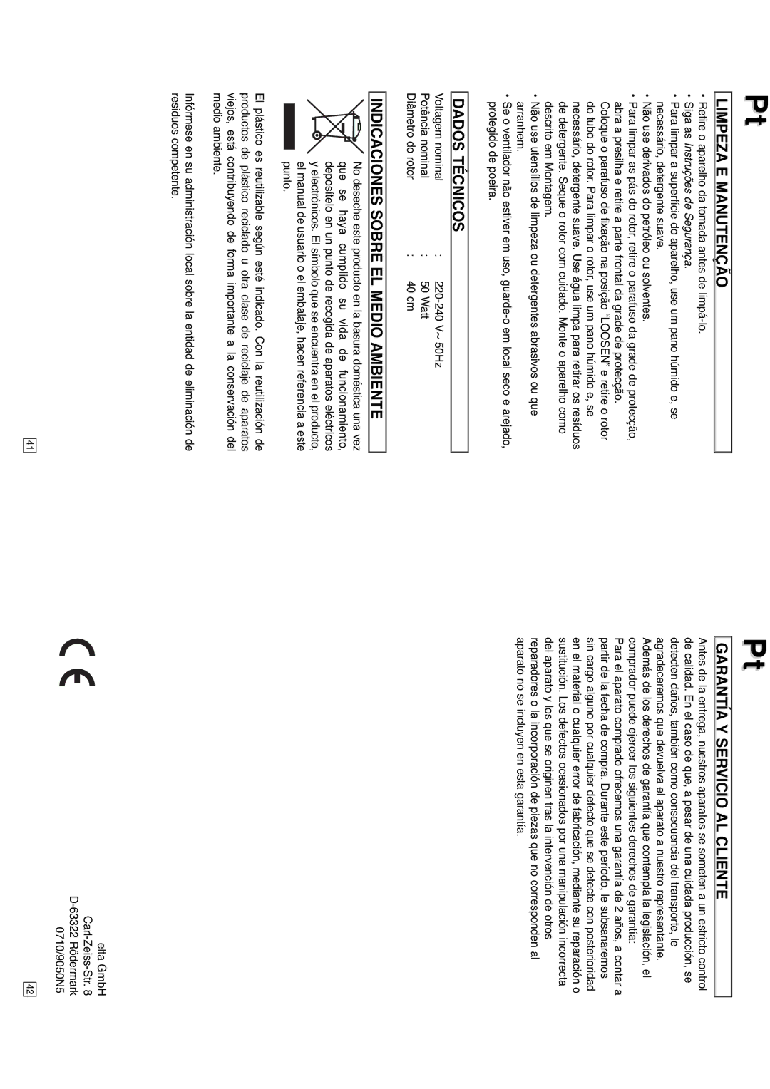 Elta 9050N5 instruction manual Limpeza E Manutenção, Dados Técnicos 