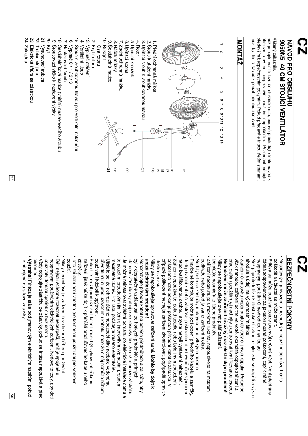 Elta instruction manual Návod PRO Obsluhu 9050N5 40 CM Stojící Ventilátor, Montáž, Bezpečnostní Pokyny 