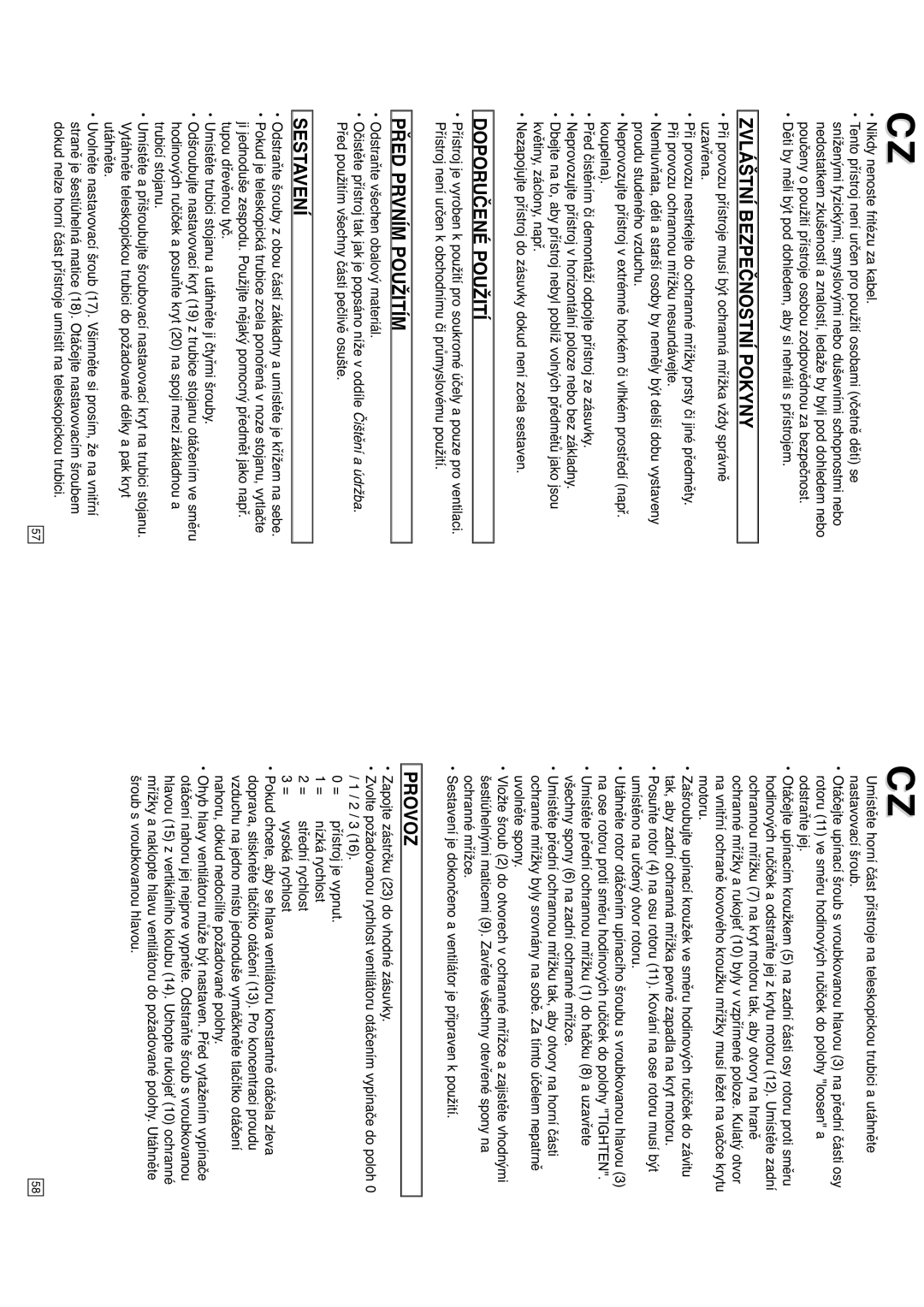 Elta 9050N5 instruction manual Zvláštní Bezpečnostní Pokyny, Doporučené Použití, Před Prvním Použitím, Sestavení, Provoz 