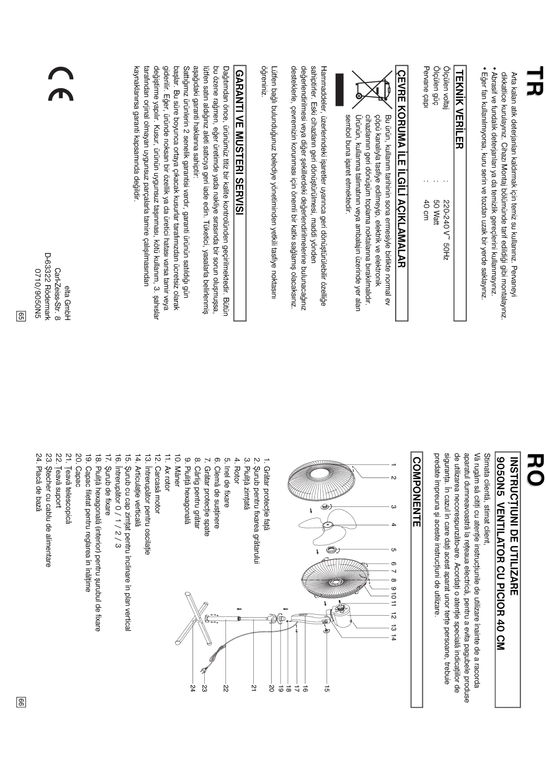 Elta 9050N5 instruction manual Teknýk Verýler, Çevre Koruma ÝLE Ýlgýlý Açiklamalar, Garanti VE Musteri Servisi, Componente 