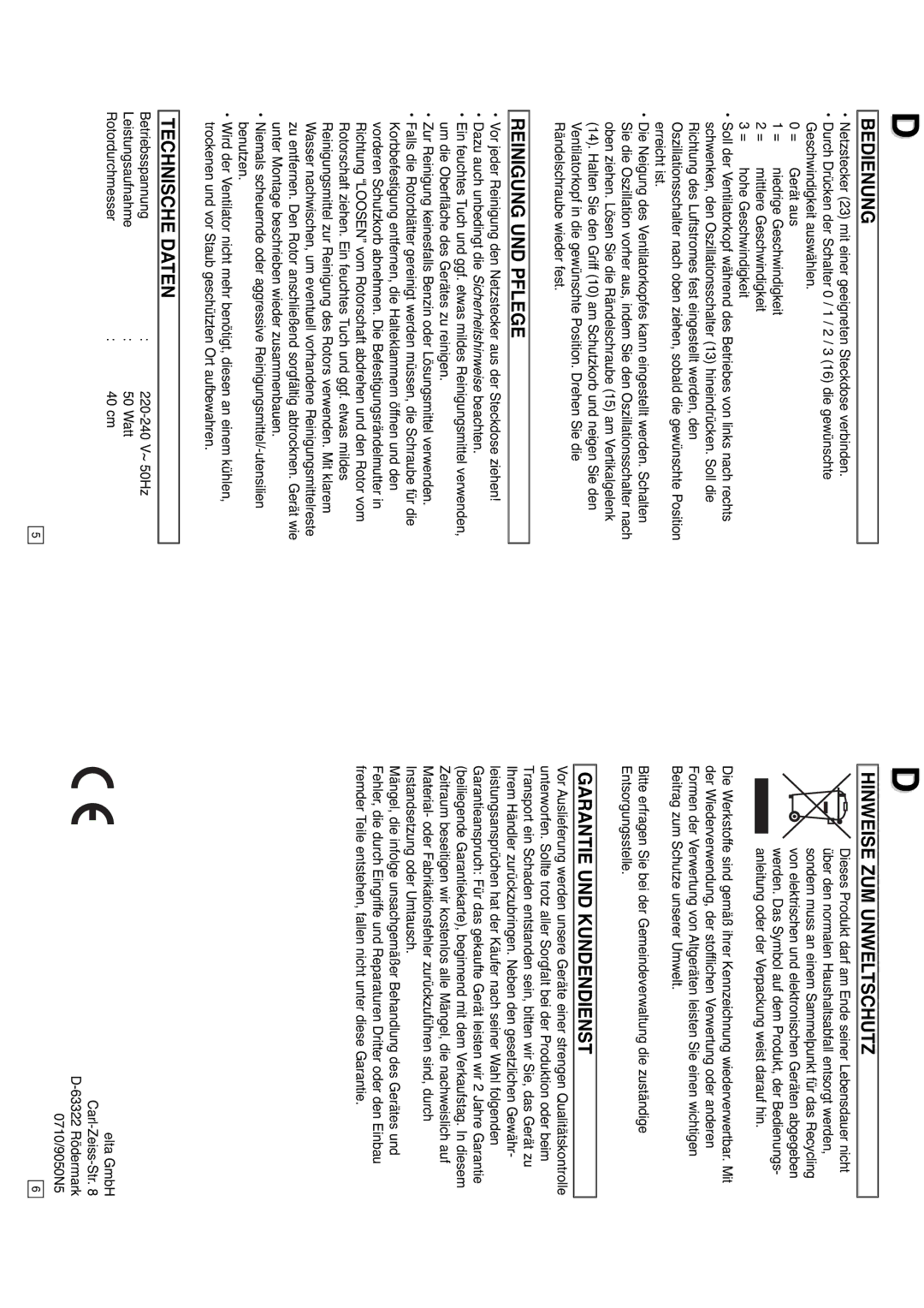 Elta 9050N5 Bedienung, Reinigung UND Pflege, Technische Daten, Hinweise ZUM Unweltschutz, Garantie UND Kundendienst 