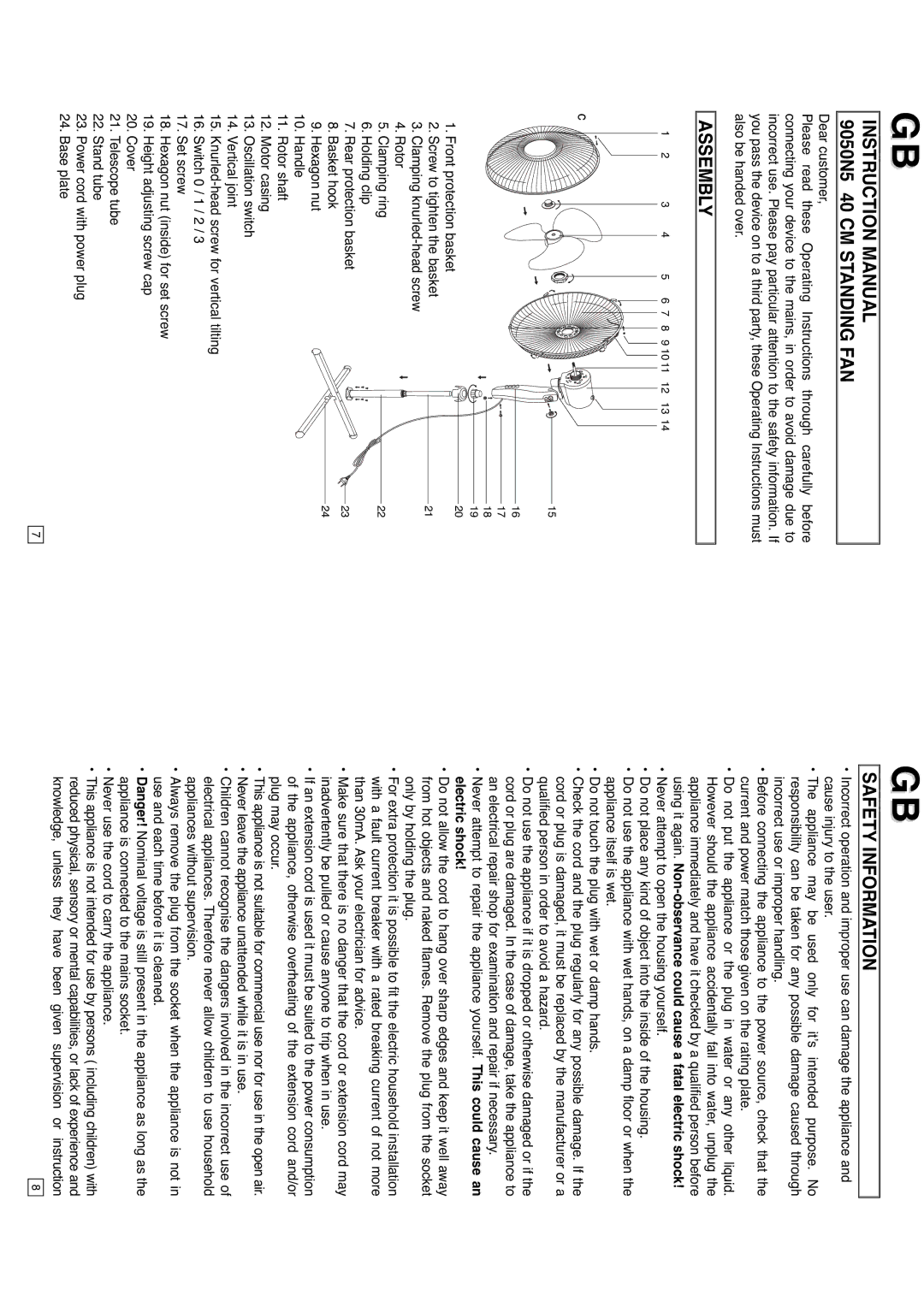 Elta 9050N5 instruction manual Assembly, Safety Information 