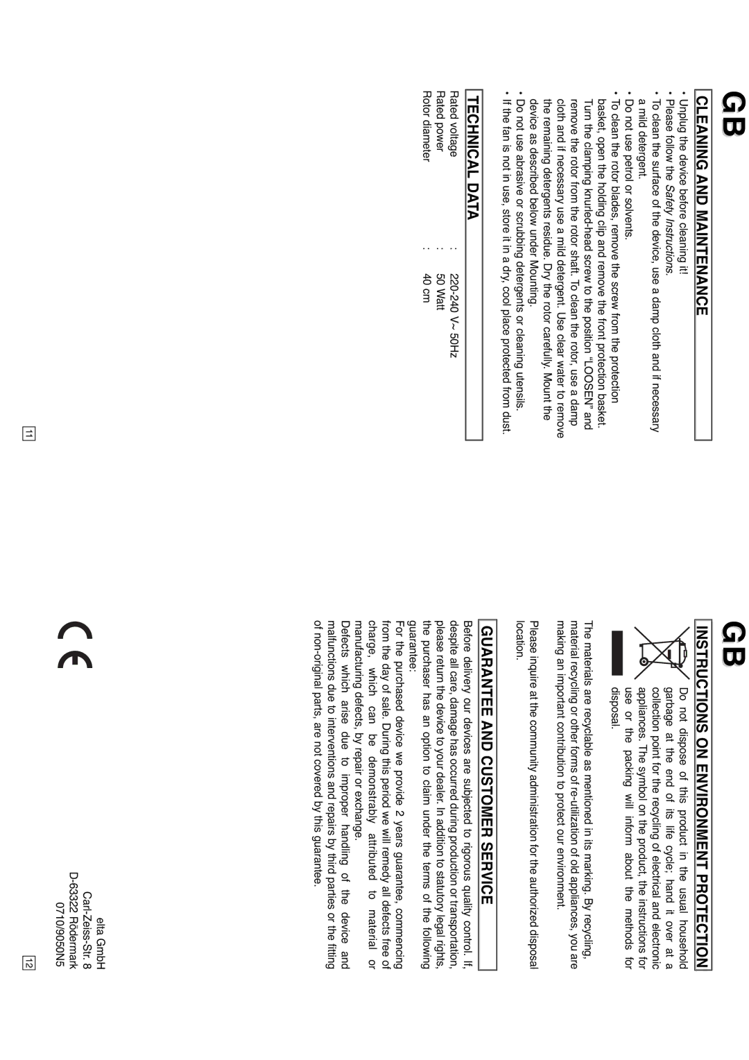 Elta 9050N5 instruction manual Cleaning and Maintenance, Technical Data, Instructions on Environment Protection 