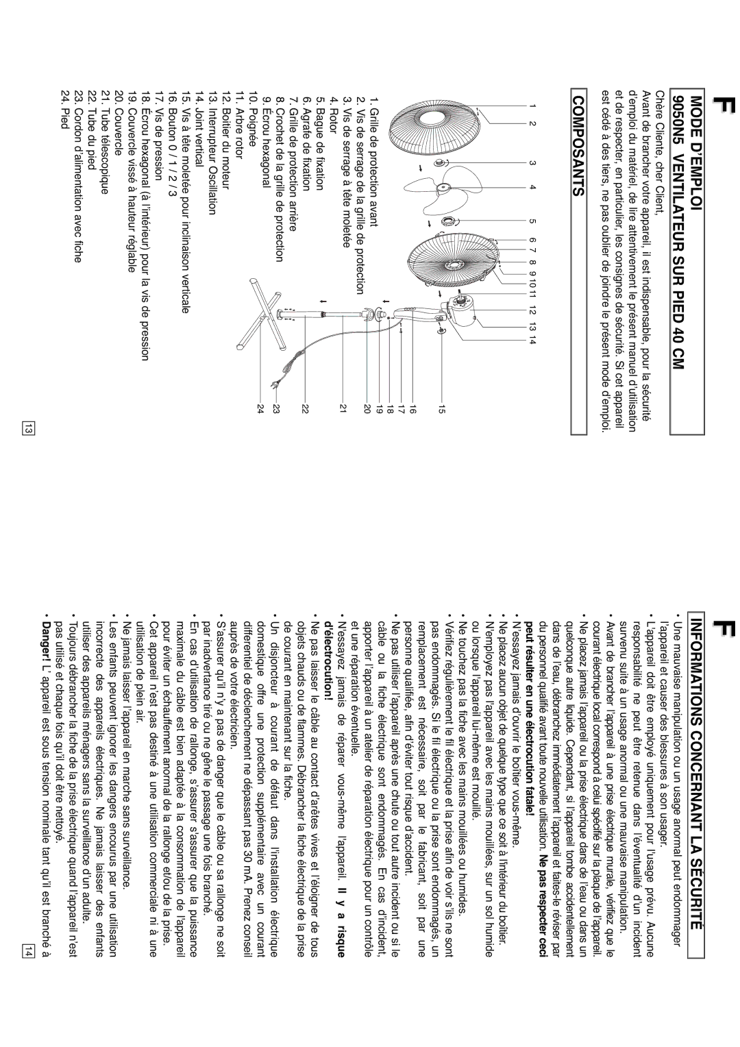 Elta instruction manual Mode D’EMPLOI 9050N5 Ventilateur SUR Pied 40 CM, Composants, Informations Concernant LA Sécurité 