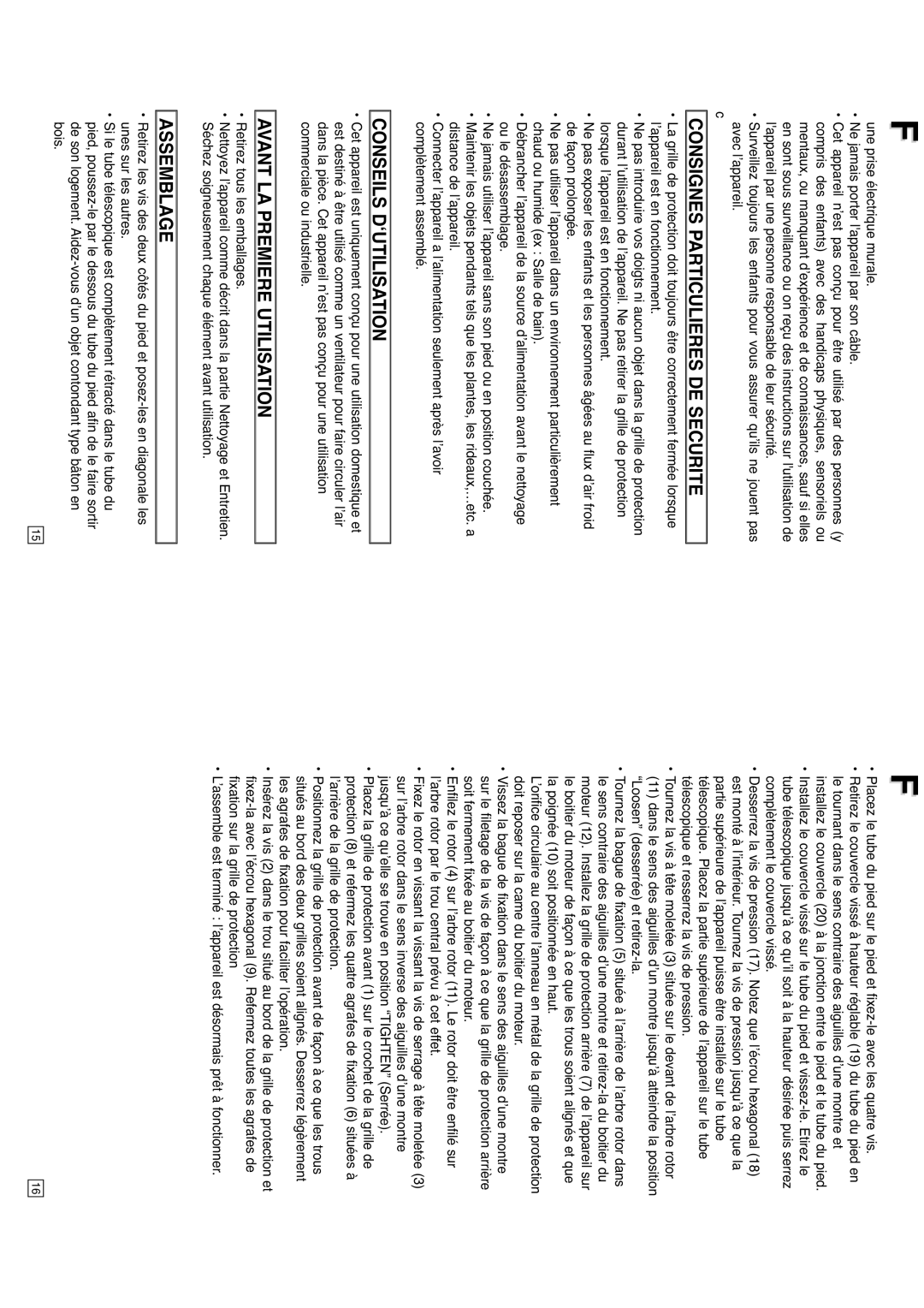 Elta 9050N5 Consignes Particulieres DE Securite, Conseils D‘UTILISATION, Avant LA Premiere Utilisation, Assemblage 